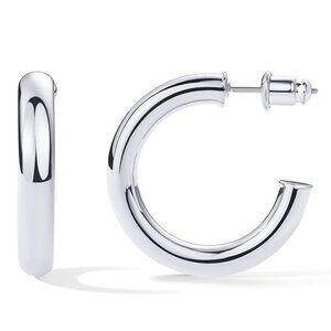 14K White Gold Plated Lightweight Chunky Open Hoops